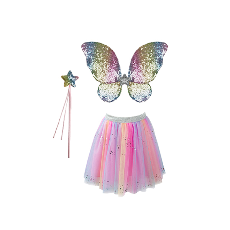 SET FALDA DE LENTEJUELAS, ALAS Y VARITA ARCO IRIS (3 PIEZAS)